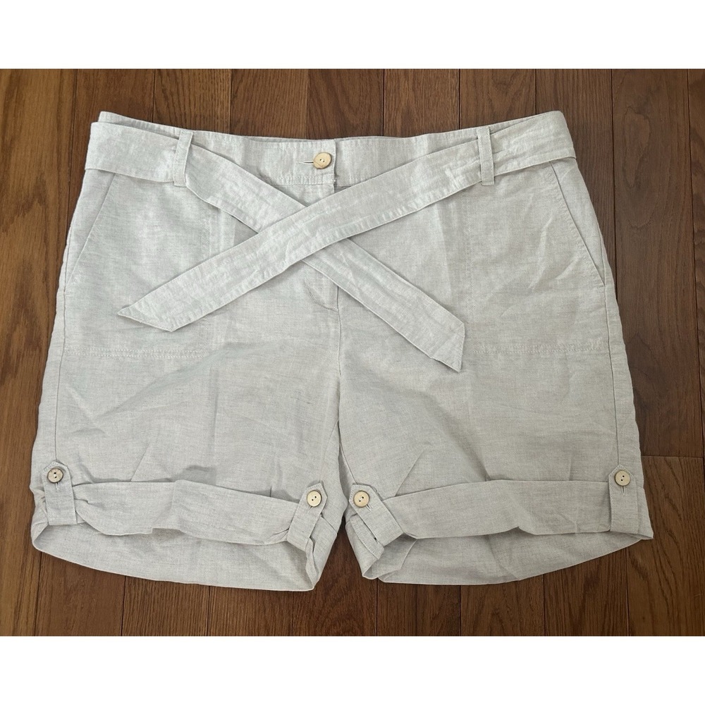 Lands End Womens Shorts 16 Petite Roll Tab Linen Blend Beige‎  Fit 2 Style